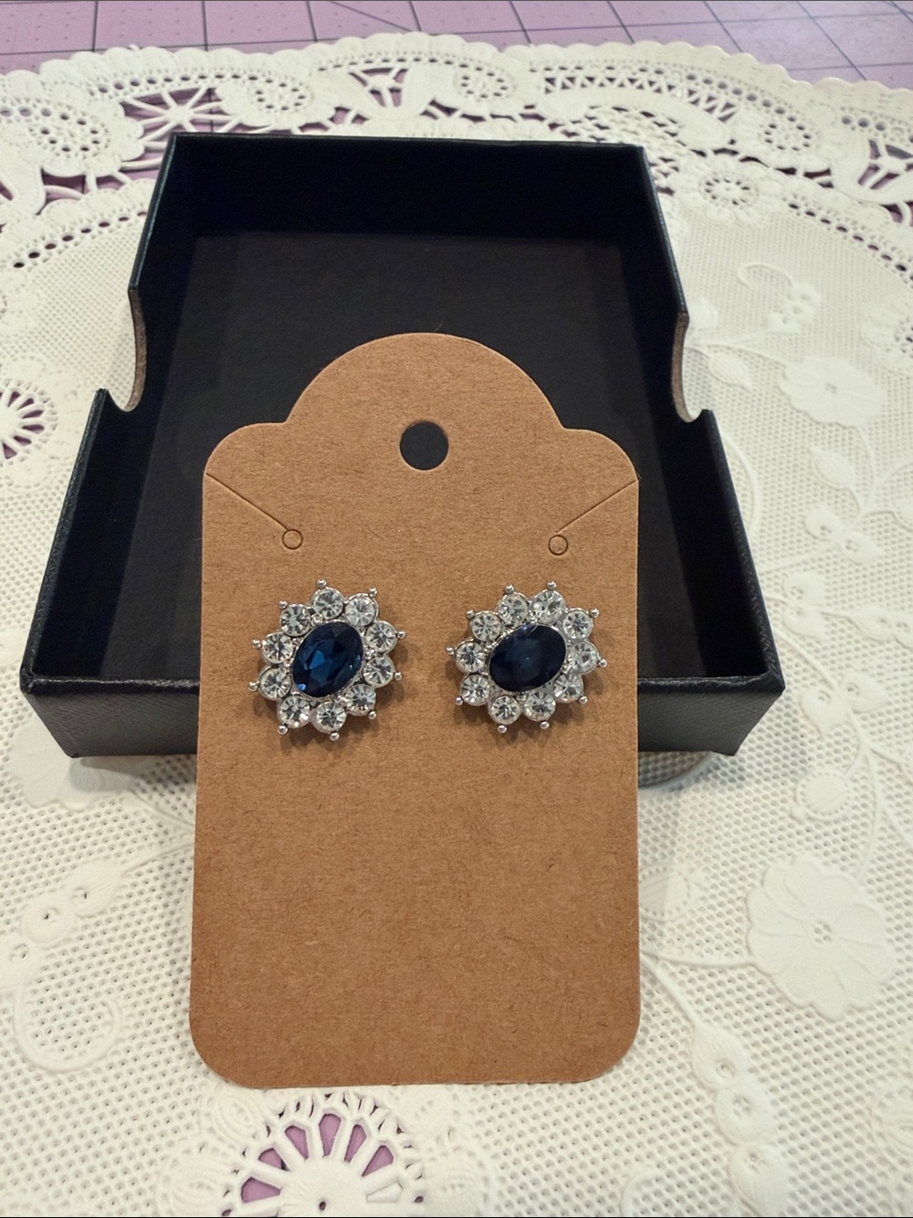 Crystal Halo Navy Blue Oval Stud Earrings - Unbranded